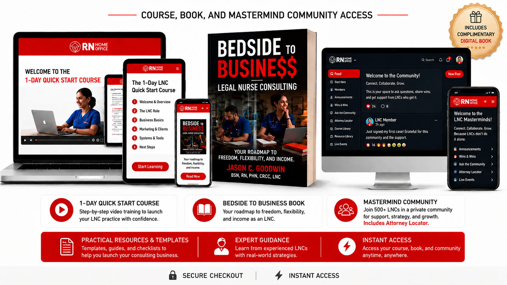 1-Day LNC Quick Start bundle: course, Bedside to Business book, and Mastermind community.